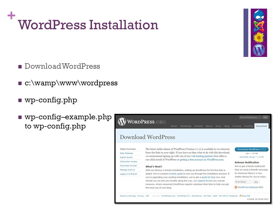 + WordPress Installation Download WordPress c:\wamp\www\wordpress wp-config.php wp-config–example.php to wp-config.php