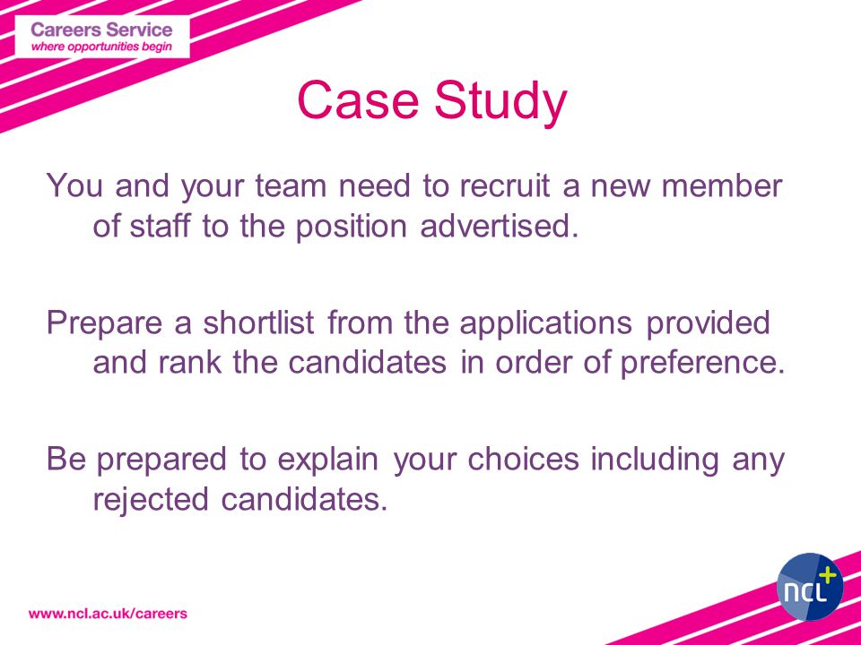 Case Study You and your team need to recruit a new member of staff to the position advertised.