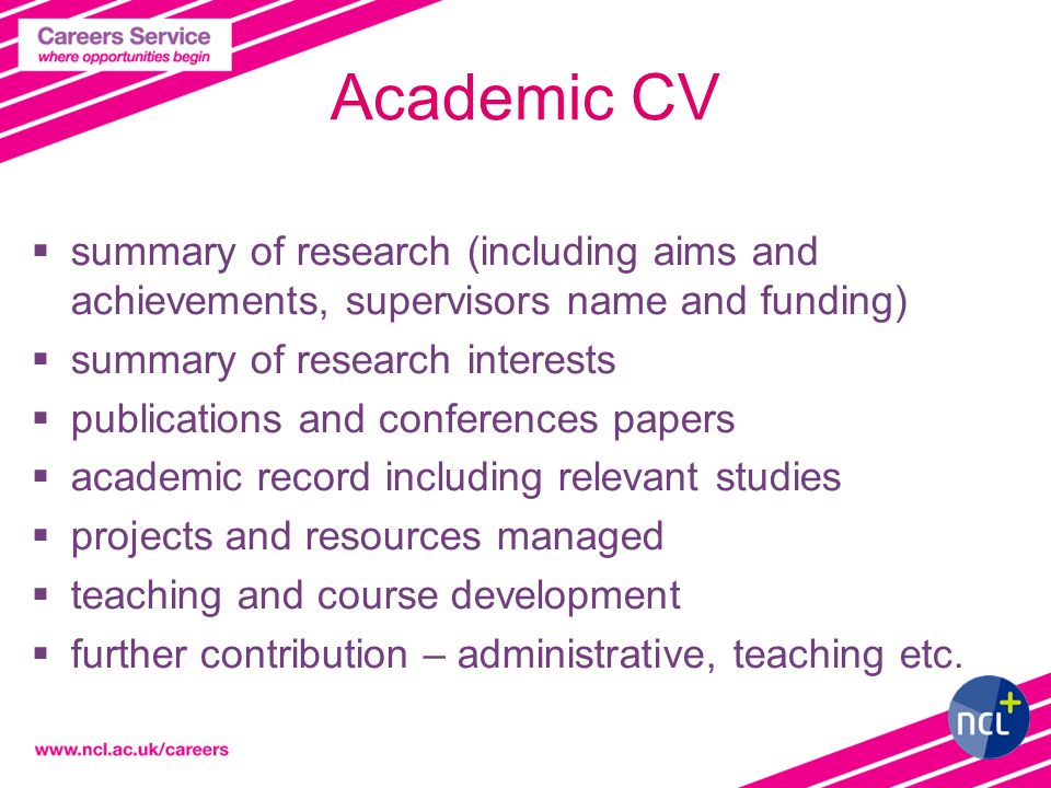 Academic CV  summary of research (including aims and achievements, supervisors name and funding)  summary of research interests  publications and conferences papers  academic record including relevant studies  projects and resources managed  teaching and course development  further contribution – administrative, teaching etc.