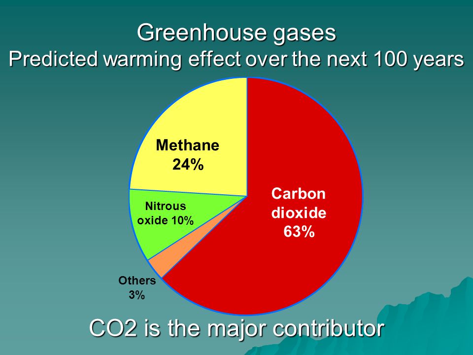 Greenhouse gases Predicted warming effect over the next 100 years Methane 24% Carbon dioxide 63% Nitrous oxide 10% Others 3% CO2 is the major contributor