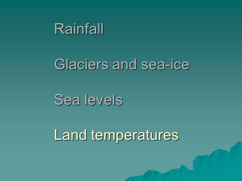 Rainfall Glaciers and sea-ice Sea levels Land temperatures