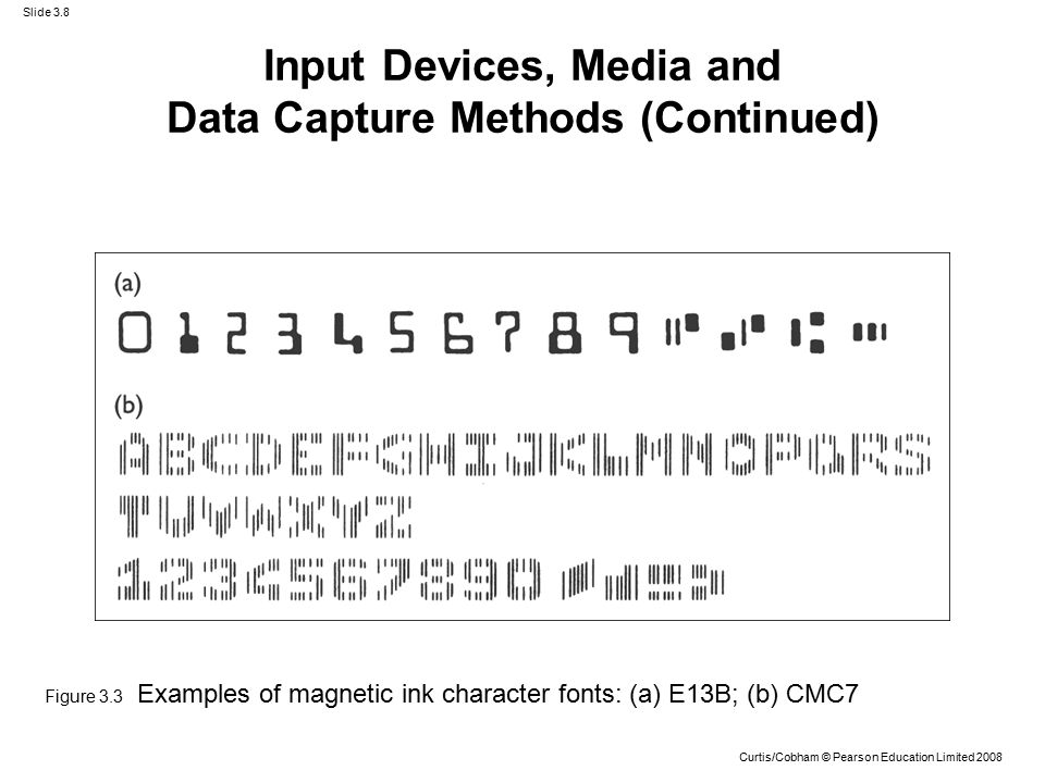 Slide 3.8 Curtis/Cobham © Pearson Education Limited 2008 Figure 3.3 Examples of magnetic ink character fonts: (a) E13B; (b) CMC7 Input Devices, Media and Data Capture Methods (Continued)