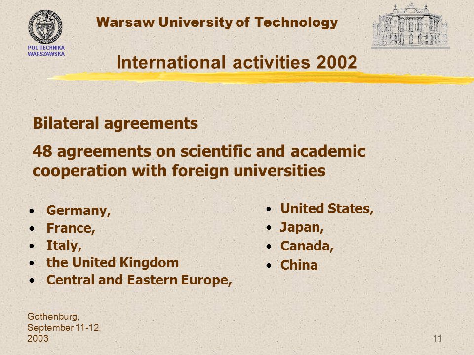 Warsaw University of Technology Gothenburg, September 11-12, International activities 2002 Germany, France, Italy, the United Kingdom Central and Eastern Europe, United States, Japan, Canada, China Bilateral agreements 48 agreements on scientific and academic cooperation with foreign universities