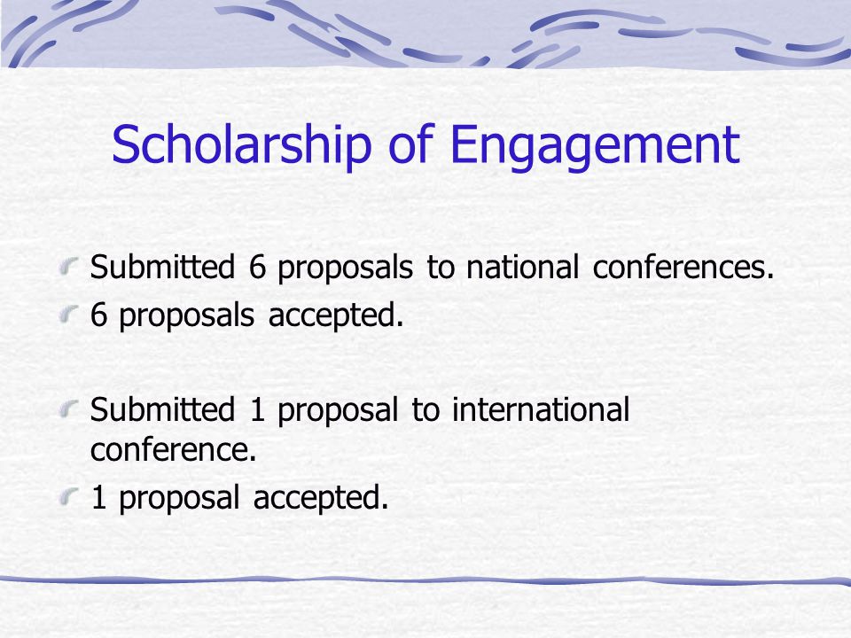 Scholarship of Engagement Submitted 6 proposals to national conferences.