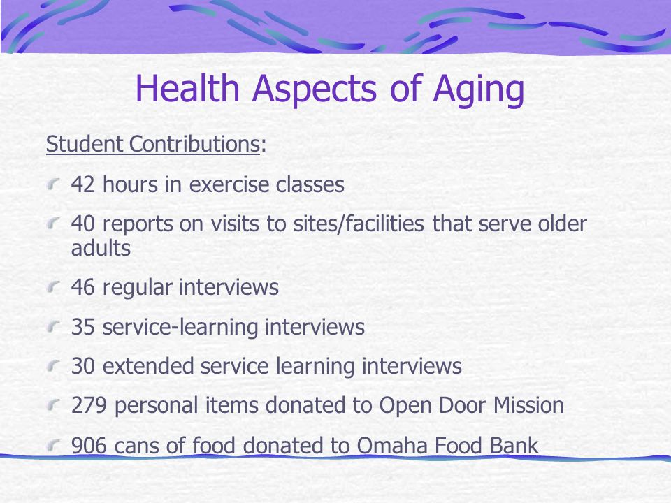 Health Aspects of Aging Student Contributions: 42 hours in exercise classes 40 reports on visits to sites/facilities that serve older adults 46 regular interviews 35 service-learning interviews 30 extended service learning interviews 279 personal items donated to Open Door Mission 906 cans of food donated to Omaha Food Bank