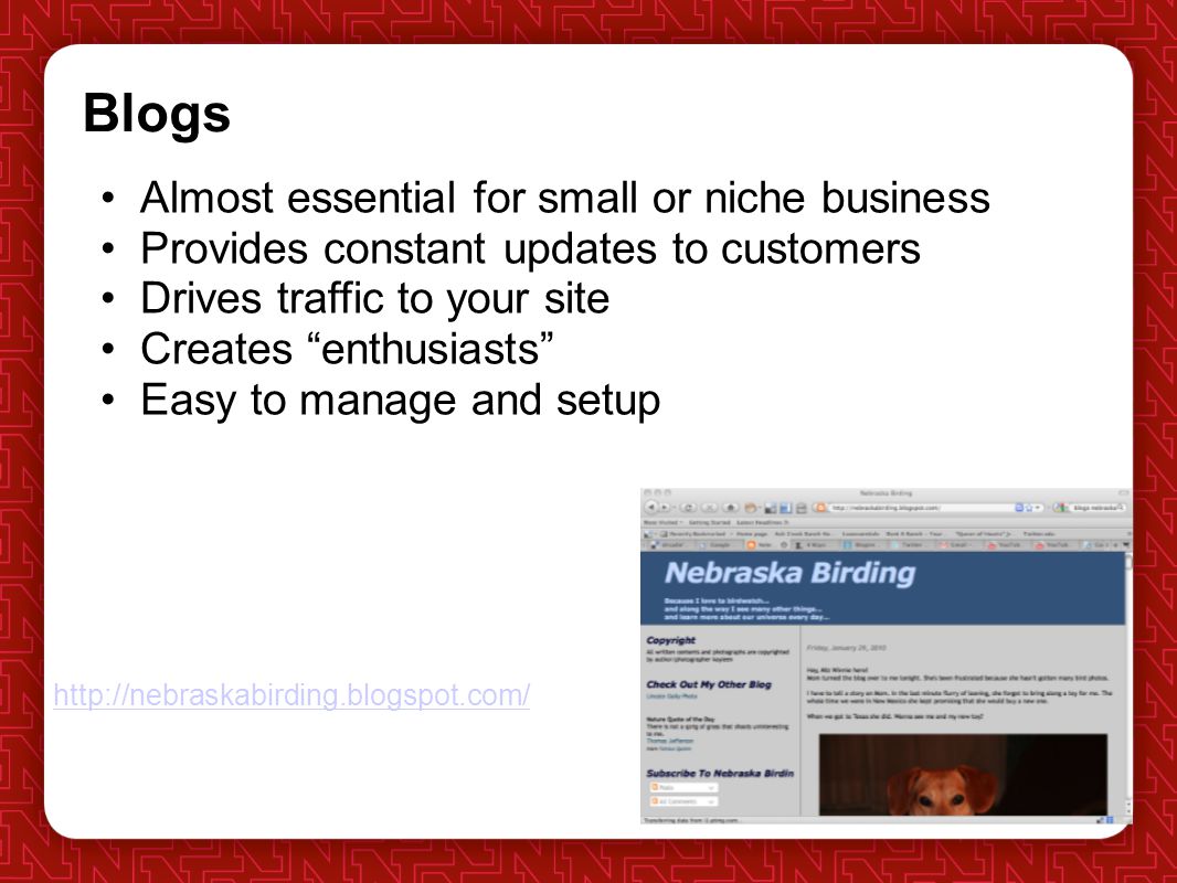 Blogs Almost essential for small or niche business Provides constant updates to customers Drives traffic to your site Creates enthusiasts Easy to manage and setup