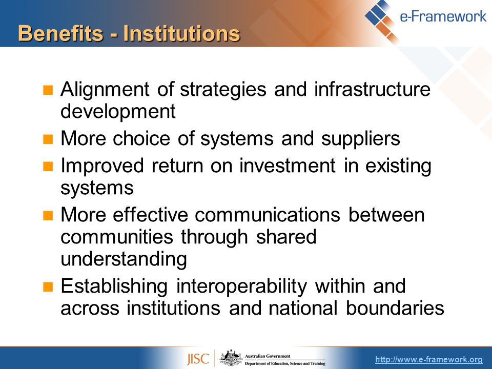 Benefits - Institutions Alignment of strategies and infrastructure development More choice of systems and suppliers Improved return on investment in existing systems More effective communications between communities through shared understanding Establishing interoperability within and across institutions and national boundaries