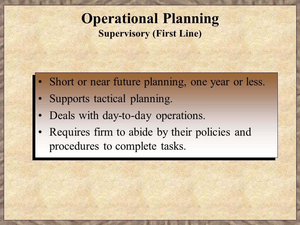 Operational Planning Supervisory (First Line) Short or near future planning, one year or less.
