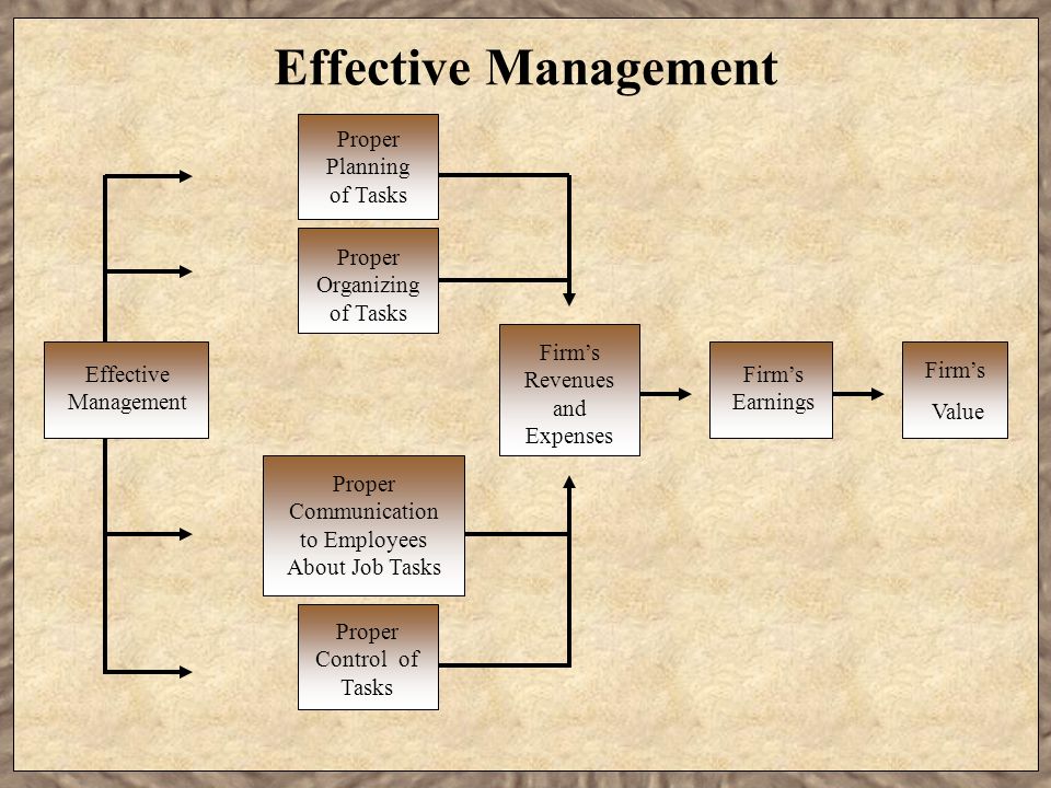 Effective Management Firm’s Earnings Firm’s Value Proper Planning of Tasks Proper Organizing of Tasks Proper Communication to Employees About Job Tasks Proper Control of Tasks Firm’s Revenues and Expenses