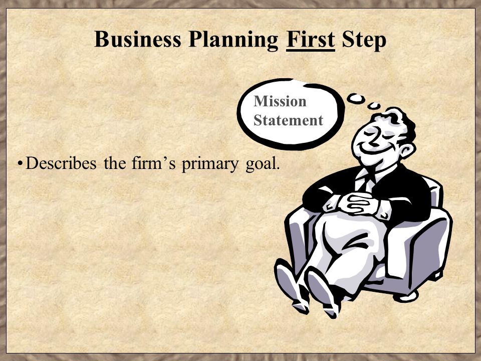 Business Planning First Step Describes the firm’s primary goal. Mission Statement