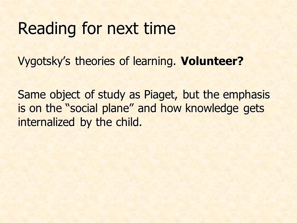 Reading for next time Vygotsky’s theories of learning.