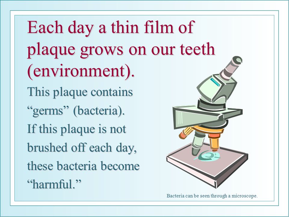 Each day a thin film of plaque grows on our teeth (environment).