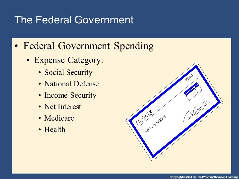 Copyright © 2004 South-Western/Thomson Learning The Federal Government Federal Government Spending Expense Category: Social Security National Defense Income Security Net Interest Medicare Health