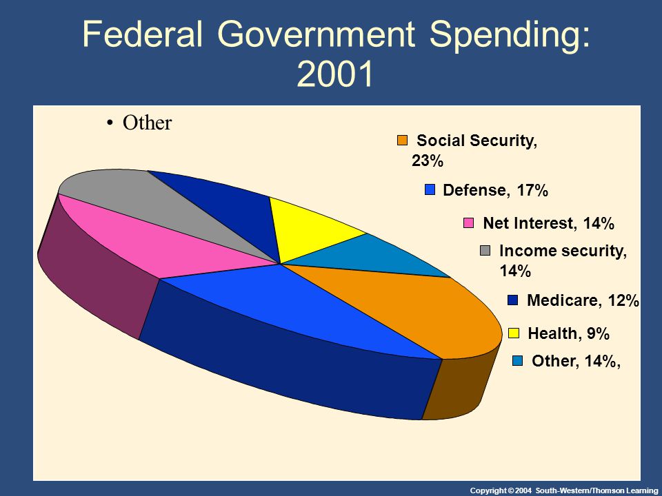 Copyright © 2004 South-Western/Thomson Learning Federal Government Spending: 2001 Social Security, 23% Defense, 17% Net Interest, 14% Income security, 14% Medicare, 12% Health, 9% Other, 14%, Other