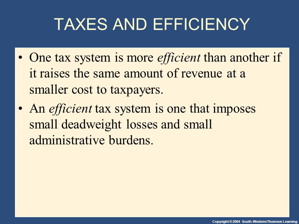 Copyright © 2004 South-Western/Thomson Learning TAXES AND EFFICIENCY One tax system is more efficient than another if it raises the same amount of revenue at a smaller cost to taxpayers.