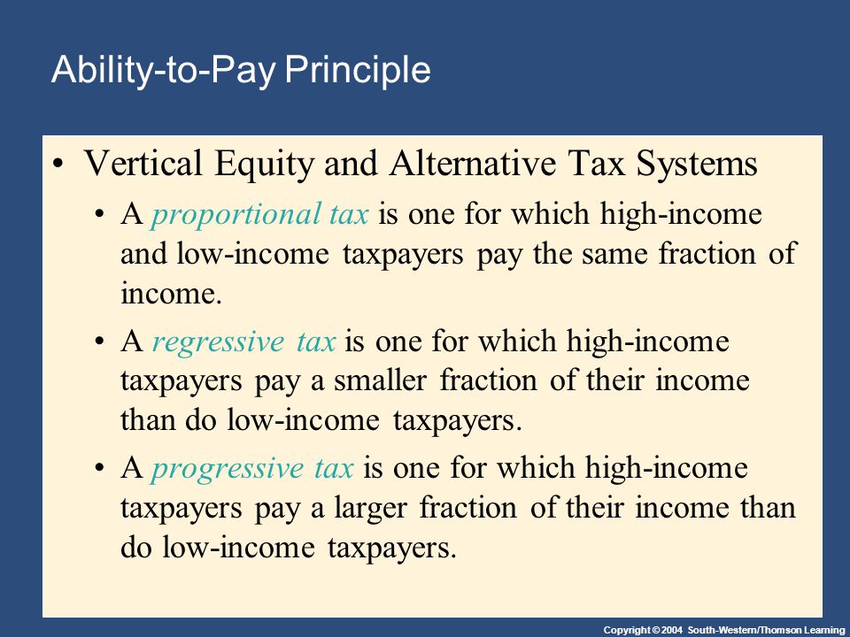 Copyright © 2004 South-Western/Thomson Learning Ability-to-Pay Principle Vertical Equity and Alternative Tax Systems A proportional tax is one for which high-income and low-income taxpayers pay the same fraction of income.