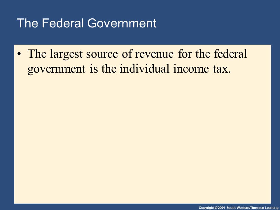 Copyright © 2004 South-Western/Thomson Learning The Federal Government The largest source of revenue for the federal government is the individual income tax.