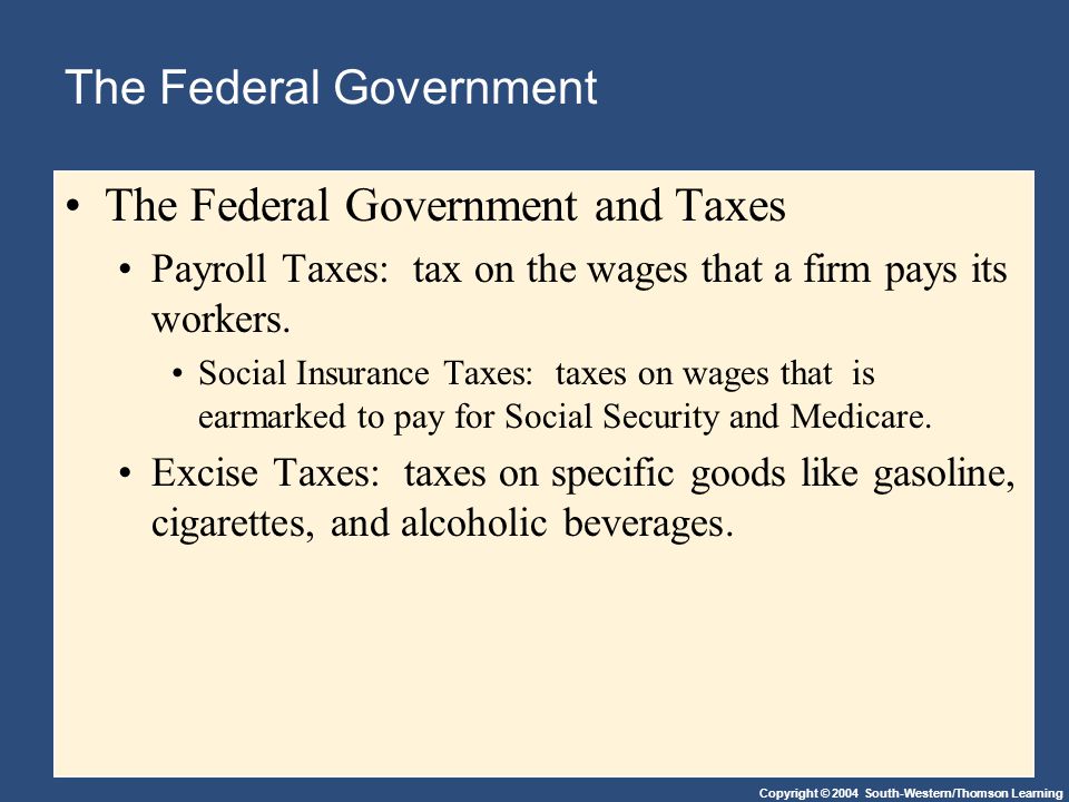 Copyright © 2004 South-Western/Thomson Learning The Federal Government The Federal Government and Taxes Payroll Taxes: tax on the wages that a firm pays its workers.