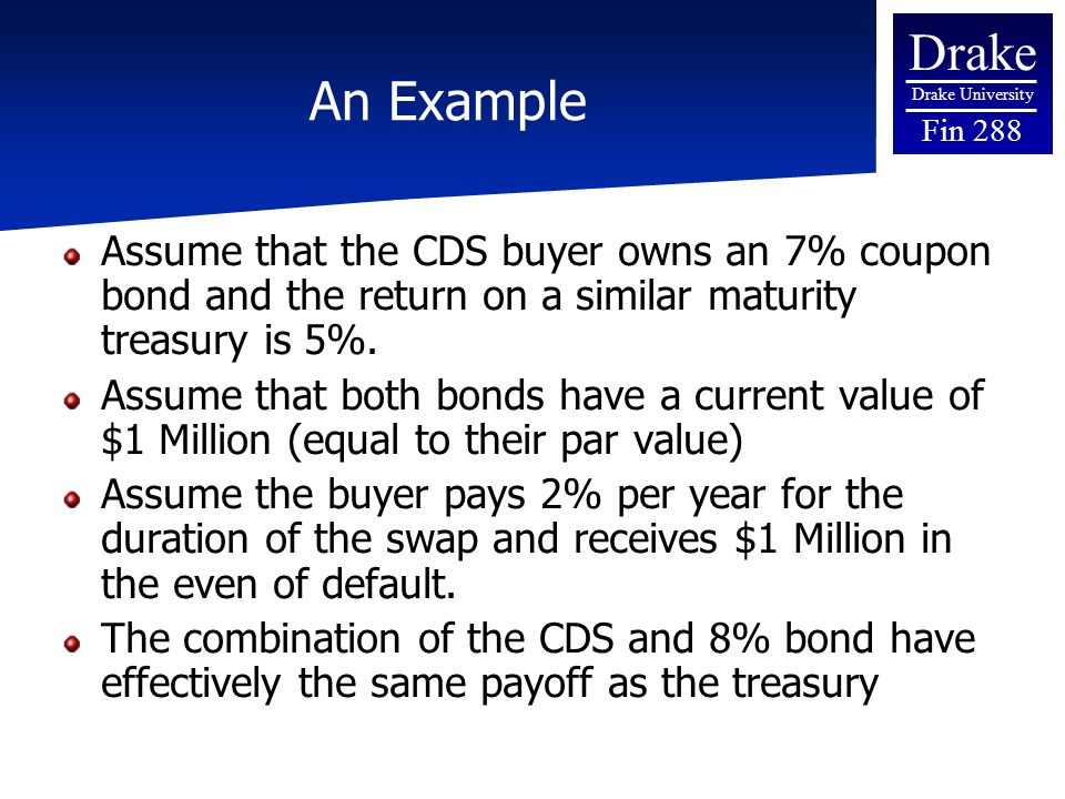Drake Drake University Fin 288 An Example Assume that the CDS buyer owns an 7% coupon bond and the return on a similar maturity treasury is 5%.