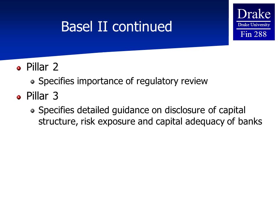 Drake Drake University Fin 288 Basel II continued Pillar 2 Specifies importance of regulatory review Pillar 3 Specifies detailed guidance on disclosure of capital structure, risk exposure and capital adequacy of banks