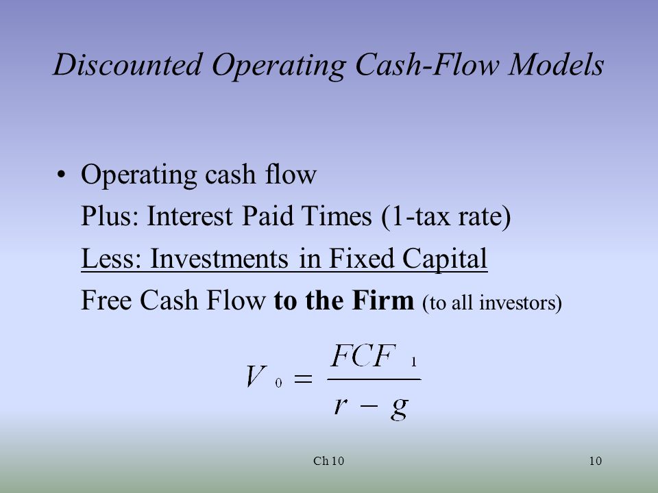 Ch 1010 Discounted Operating Cash-Flow Models Operating cash flow Plus: Interest Paid Times (1-tax rate) Less: Investments in Fixed Capital Free Cash Flow to the Firm (to all investors)