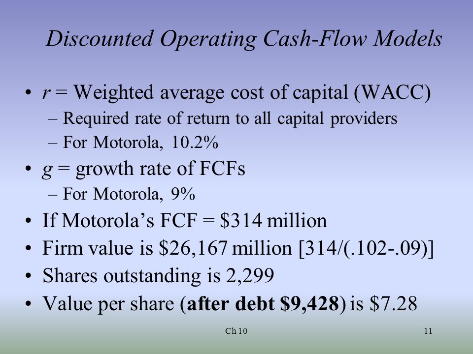 Ch 1011 Discounted Operating Cash-Flow Models r = Weighted average cost of capital (WACC) –Required rate of return to all capital providers –For Motorola, 10.2% g = growth rate of FCFs –For Motorola, 9% If Motorola’s FCF = $314 million Firm value is $26,167 million [314/( )] Shares outstanding is 2,299 Value per share (after debt $9,428) is $7.28