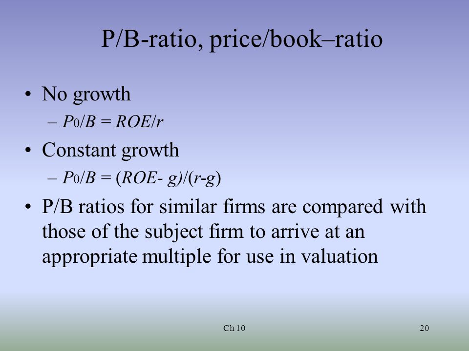 Ch 1020 P/B-ratio, price/book–ratio No growth –P 0 /B = ROE/r Constant growth –P 0 /B = (ROE- g)/(r-g) P/B ratios for similar firms are compared with those of the subject firm to arrive at an appropriate multiple for use in valuation