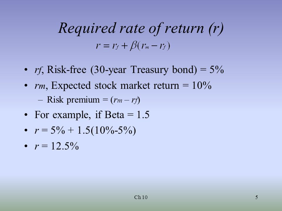 Ch 105 Required rate of return (r) r f, Risk-free (30-year Treasury bond) = 5% r m, Expected stock market return = 10% –Risk premium = (r m – r f ) For example, if Beta = 1.5 r = 5% + 1.5(10%-5%) r = 12.5%