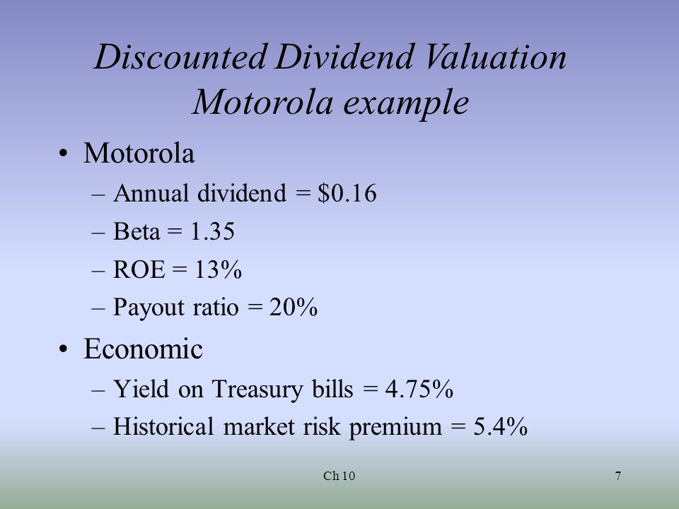 Ch 107 Motorola –Annual dividend = $0.16 –Beta = 1.35 –ROE = 13% –Payout ratio = 20% Economic –Yield on Treasury bills = 4.75% –Historical market risk premium = 5.4% Discounted Dividend Valuation Motorola example