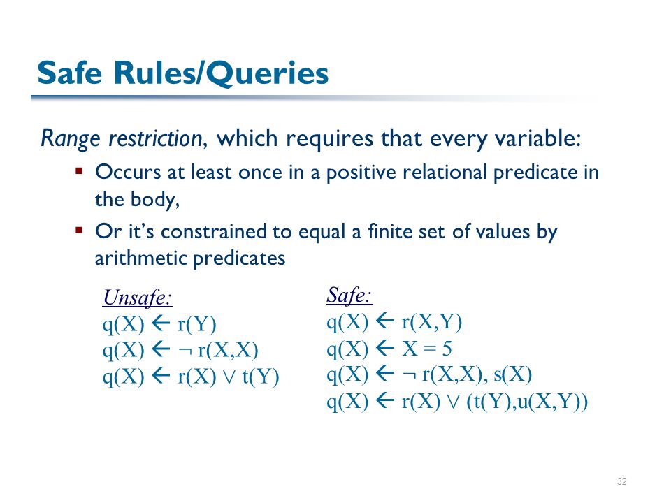32 Safe Rules/Queries Range restriction, which requires that every variable:  Occurs at least once in a positive relational predicate in the body,  Or it’s constrained to equal a finite set of values by arithmetic predicates Unsafe: q(X)  r(Y) q(X)  : r(X,X) q(X)  r(X) Ç t(Y) Safe: q(X)  r(X,Y) q(X)  X = 5 q(X)  : r(X,X), s(X) q(X)  r(X) Ç (t(Y),u(X,Y))