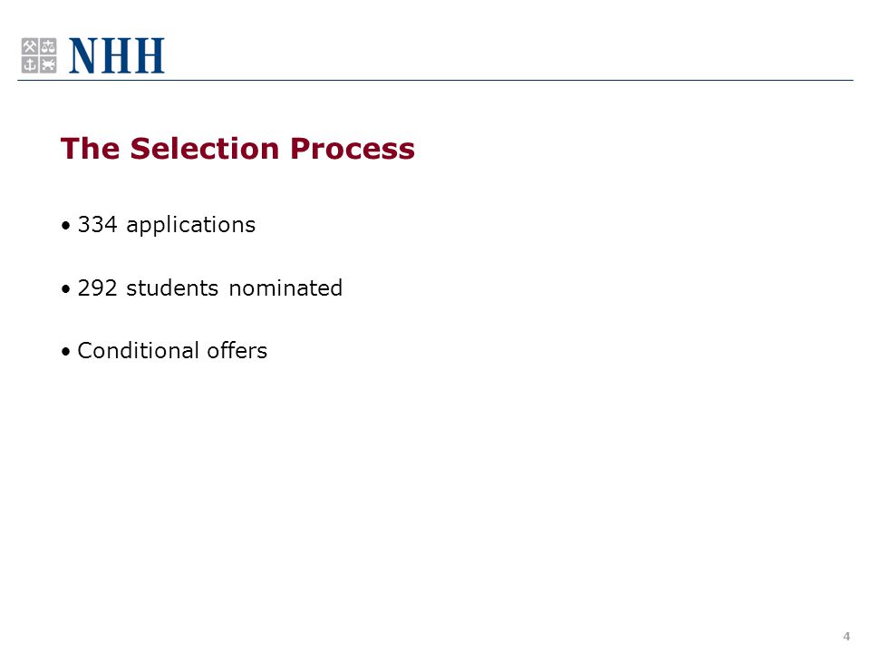 The Selection Process 334 applications 292 students nominated Conditional offers 4