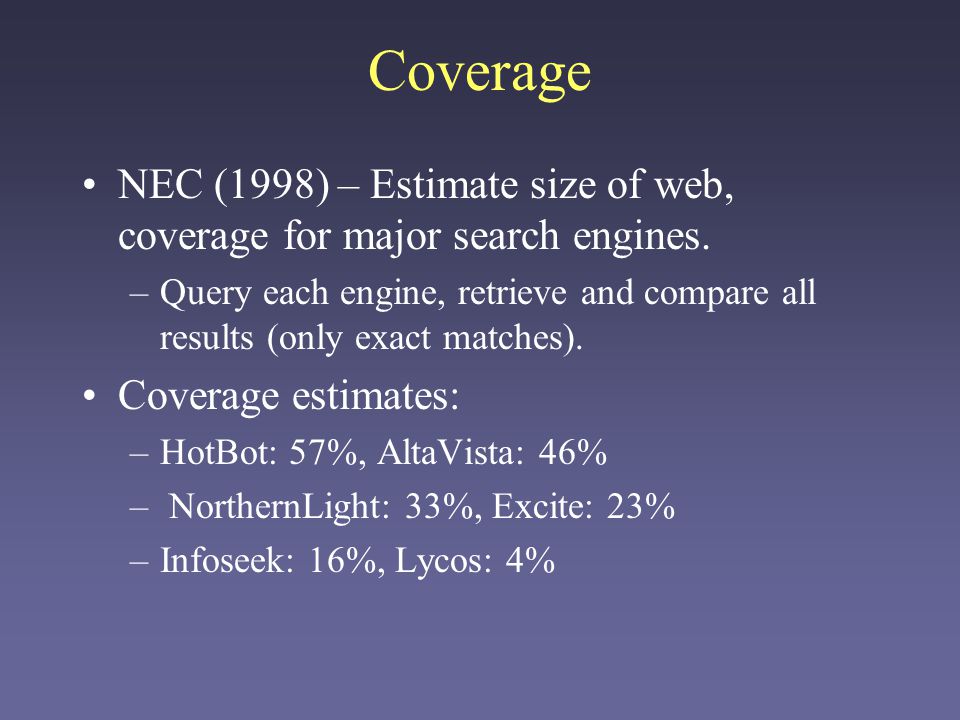 Coverage NEC (1998) – Estimate size of web, coverage for major search engines.