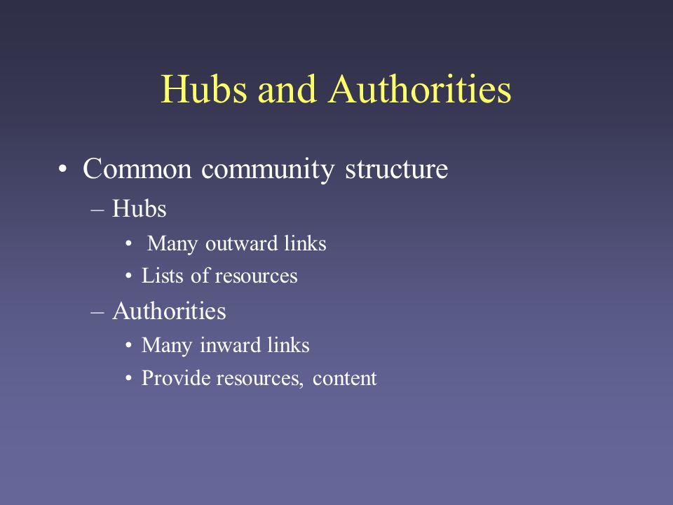 Hubs and Authorities Common community structure –Hubs Many outward links Lists of resources –Authorities Many inward links Provide resources, content