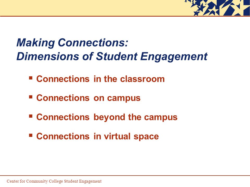 Making Connections: Dimensions of Student Engagement  Connections in the classroom  Connections on campus  Connections beyond the campus  Connections in virtual space