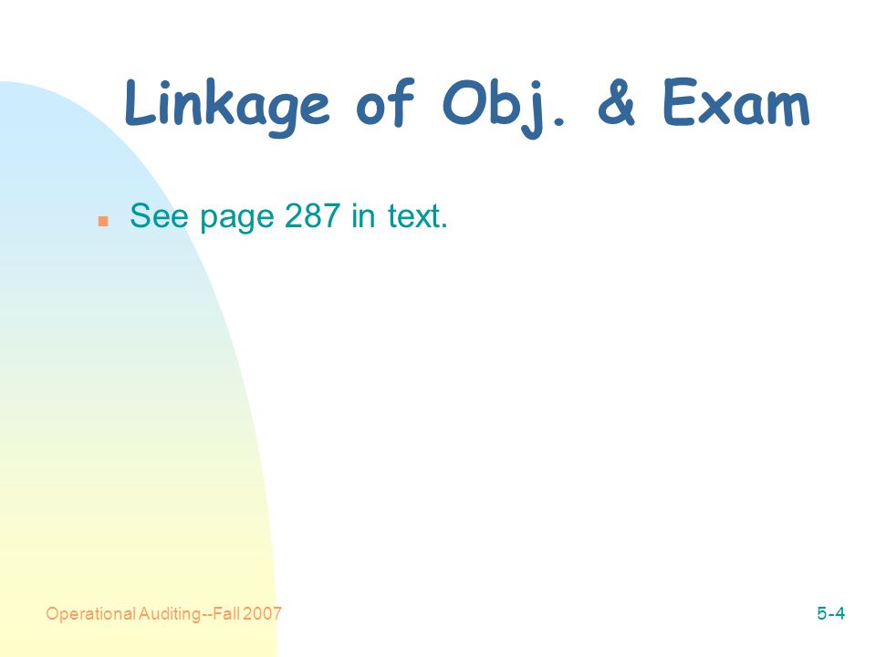Operational Auditing--Fall Linkage of Obj. & Exam n See page 287 in text.