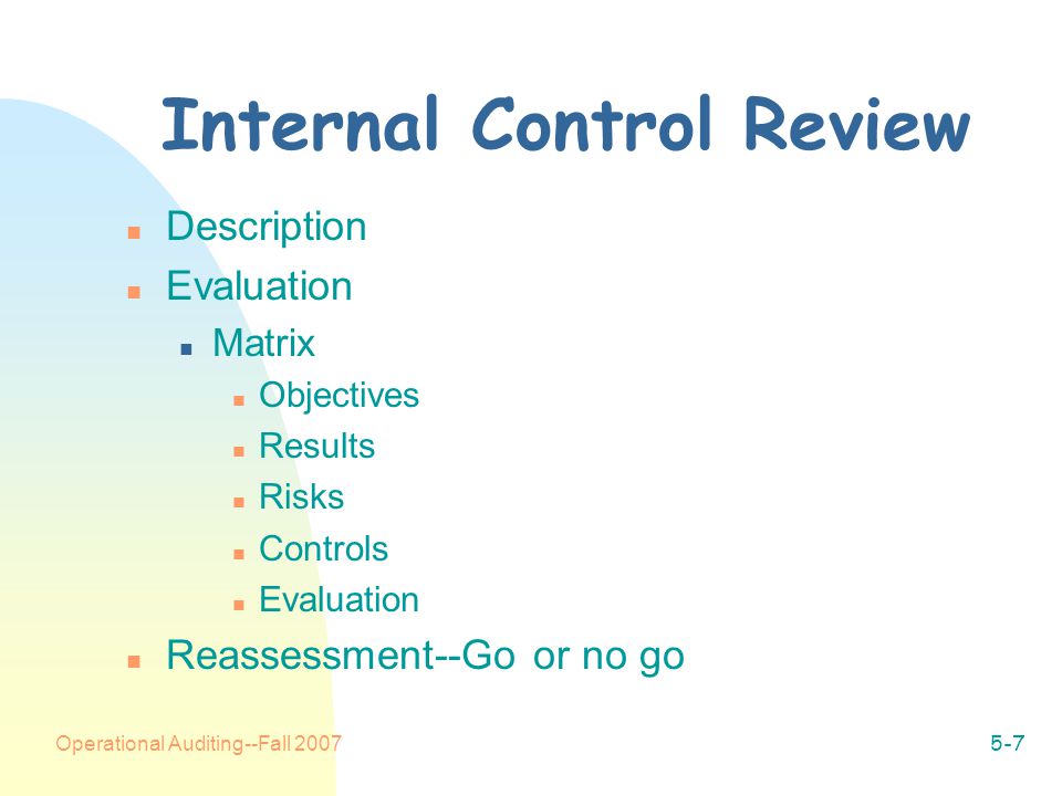 Operational Auditing--Fall Internal Control Review n Description n Evaluation n Matrix n Objectives n Results n Risks n Controls n Evaluation n Reassessment--Go or no go