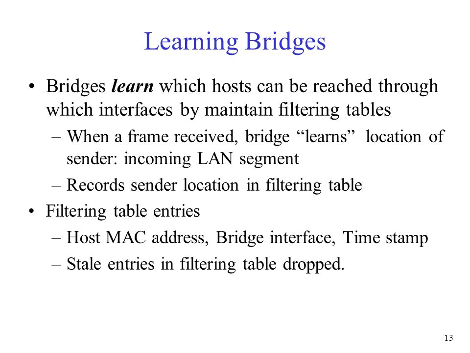 13 Learning Bridges Bridges learn which hosts can be reached through which interfaces by maintain filtering tables –When a frame received, bridge learns location of sender: incoming LAN segment –Records sender location in filtering table Filtering table entries –Host MAC address, Bridge interface, Time stamp –Stale entries in filtering table dropped.