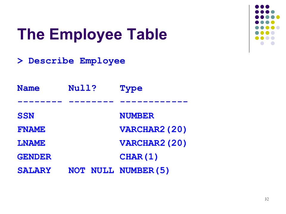32 The Employee Table > Describe Employee Name Null.