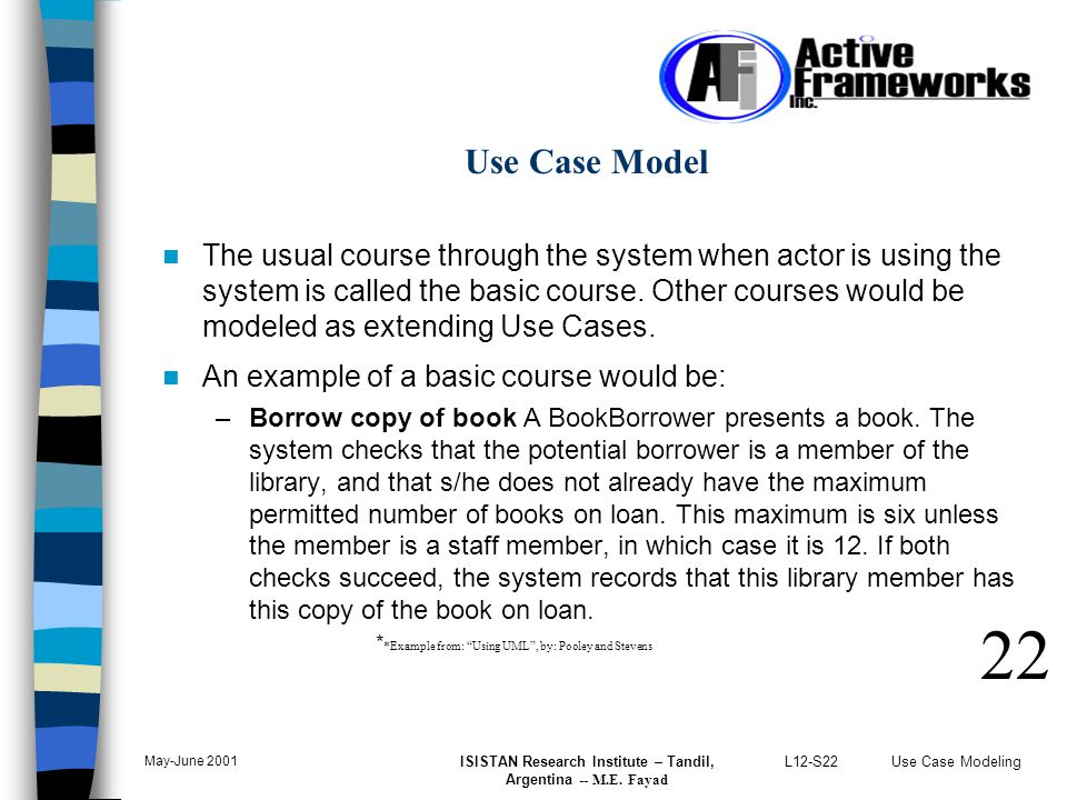 L12-S22Use Case Modeling May-June 2001 ISISTAN Research Institute – Tandil, Argentina -- M.E.