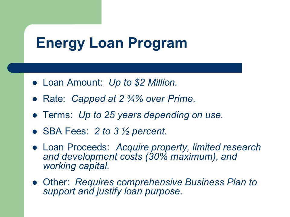 Energy Conservation Loan Program Open SBA Handout… – What measures are eligible for financial assistance.