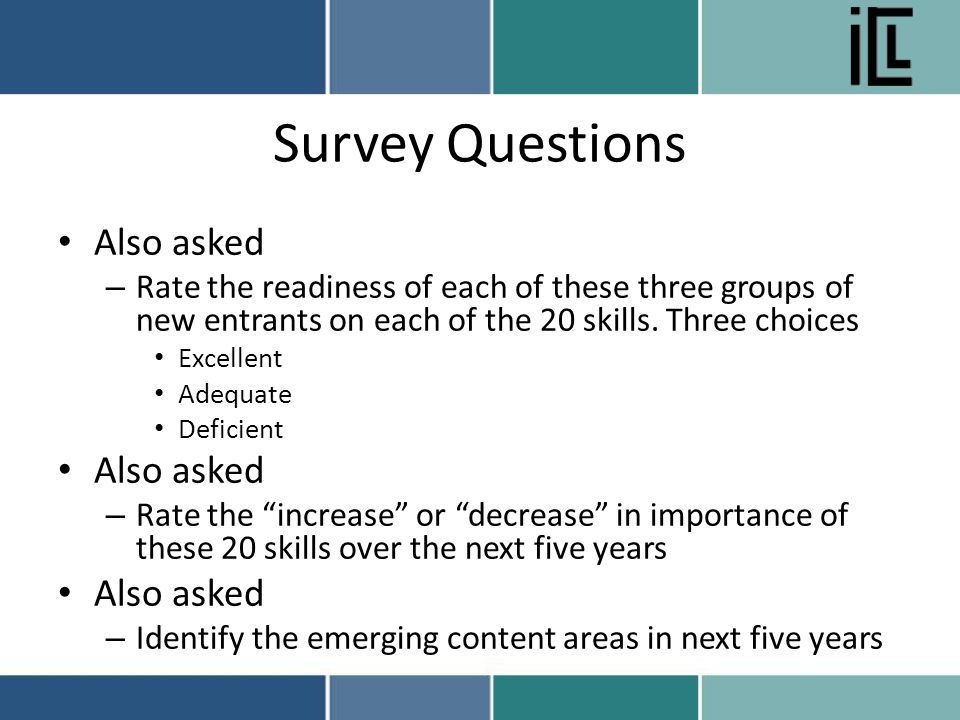 Survey Questions Also asked – Rate the readiness of each of these three groups of new entrants on each of the 20 skills.
