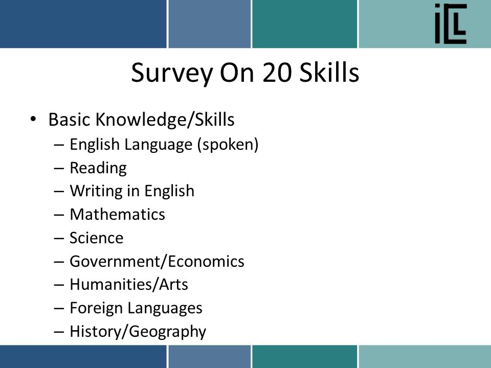 Survey On 20 Skills Basic Knowledge/Skills – English Language (spoken) – Reading – Writing in English – Mathematics – Science – Government/Economics – Humanities/Arts – Foreign Languages – History/Geography