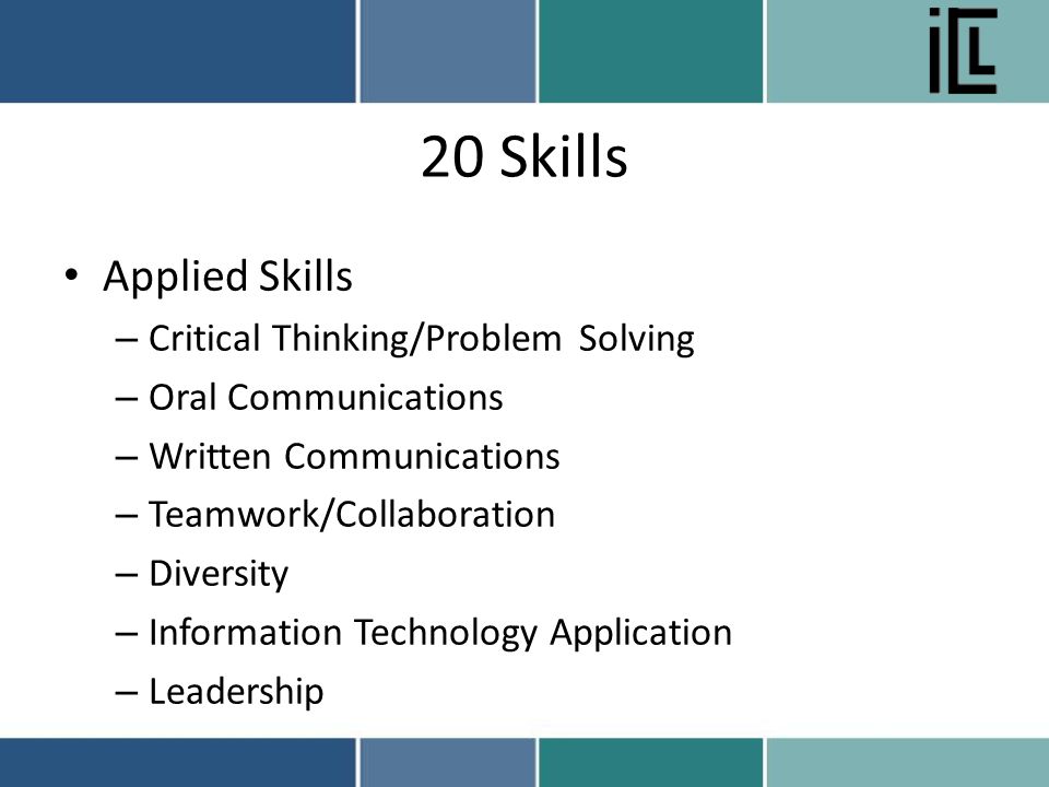 20 Skills Applied Skills – Critical Thinking/Problem Solving – Oral Communications – Written Communications – Teamwork/Collaboration – Diversity – Information Technology Application – Leadership