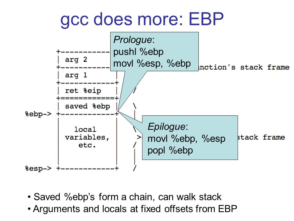 gcc does more: EBP Prologue: pushl %ebp movl %esp, %ebp Epilogue: movl %ebp, %esp popl %ebp Saved %ebp’s form a chain, can walk stack Arguments and locals at fixed offsets from EBP