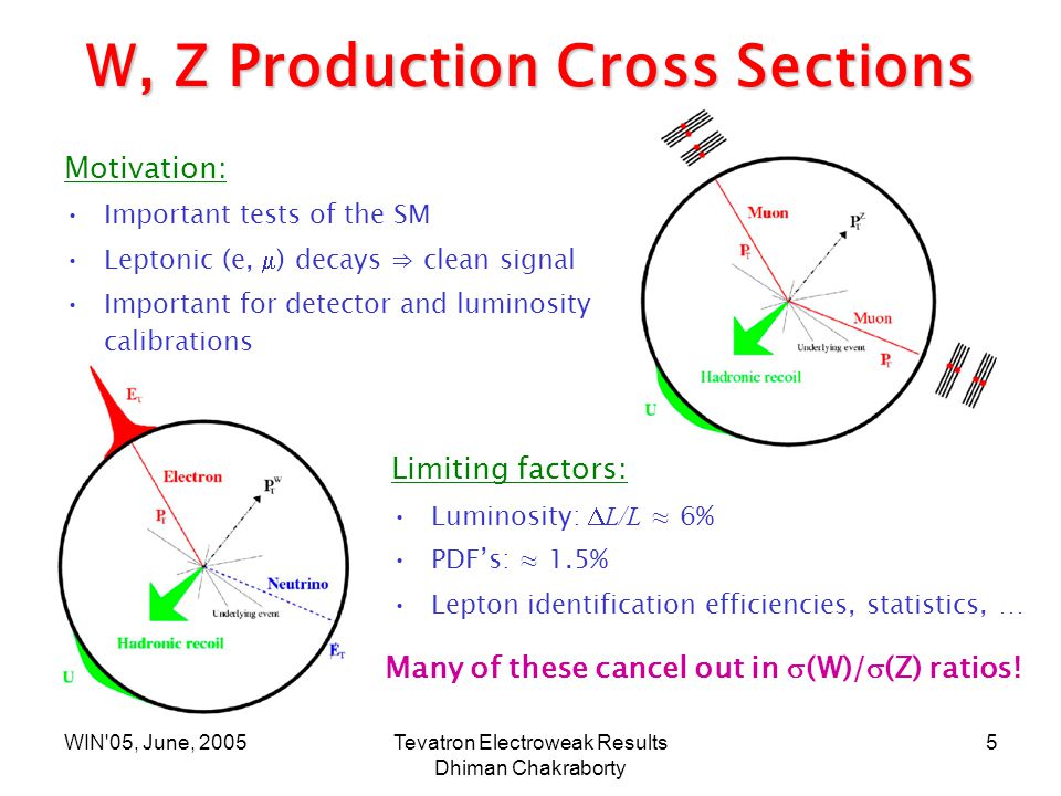 WIN 05, June, 2005Tevatron Electroweak Results Dhiman Chakraborty 5 W, Z Production Cross Sections Motivation: Important tests of the SM Leptonic (e,  ) decays ⇒ clean signal Important for detector and luminosity calibrations Limiting factors: Luminosity:  L/L ≈ 6% PDF’s: ≈ 1.5% Lepton identification efficiencies, statistics, … Many of these cancel out in  (W)/  (Z) ratios!