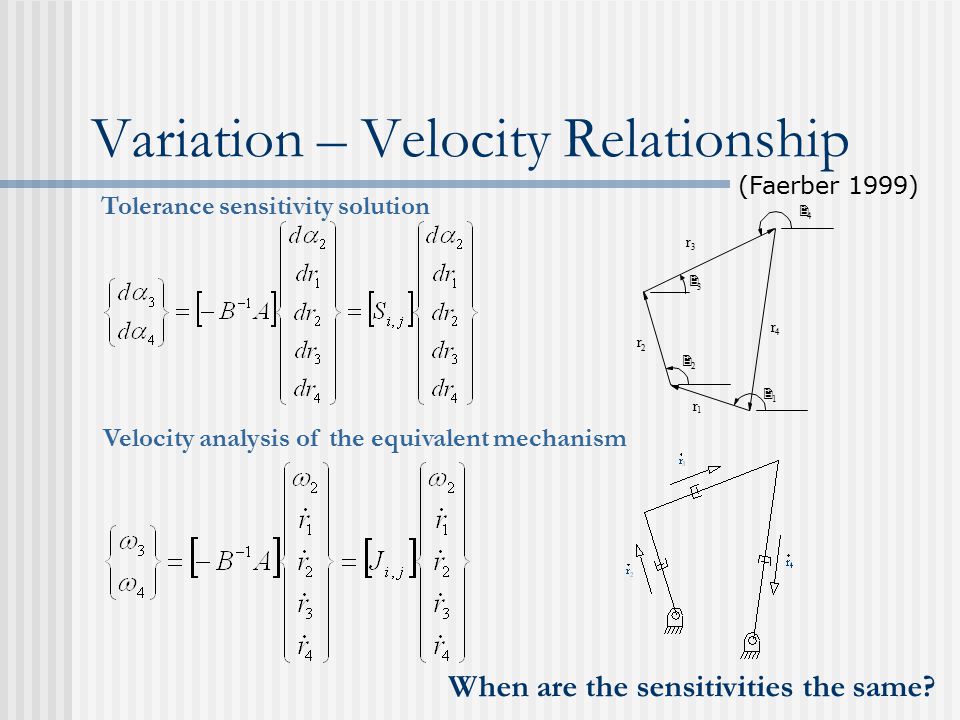 Variation – Velocity Relationship Tolerance sensitivity solution Velocity analysis of the equivalent mechanism When are the sensitivities the same.