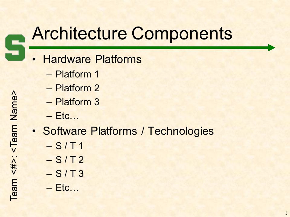 3 Architecture Components Hardware Platforms –Platform 1 –Platform 2 –Platform 3 –Etc… Software Platforms / Technologies –S / T 1 –S / T 2 –S / T 3 –Etc… Team :