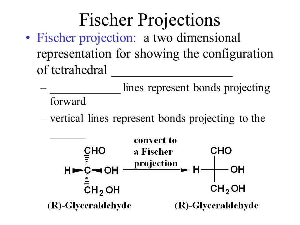 Fischer Projections Fischer projection: a two dimensional representation for showing the configuration of tetrahedral __________________ –____________ lines represent bonds projecting forward –vertical lines represent bonds projecting to the ______