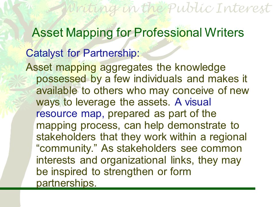 Asset Mapping for Professional Writers Catalyst for Partnership: Asset mapping aggregates the knowledge possessed by a few individuals and makes it available to others who may conceive of new ways to leverage the assets.