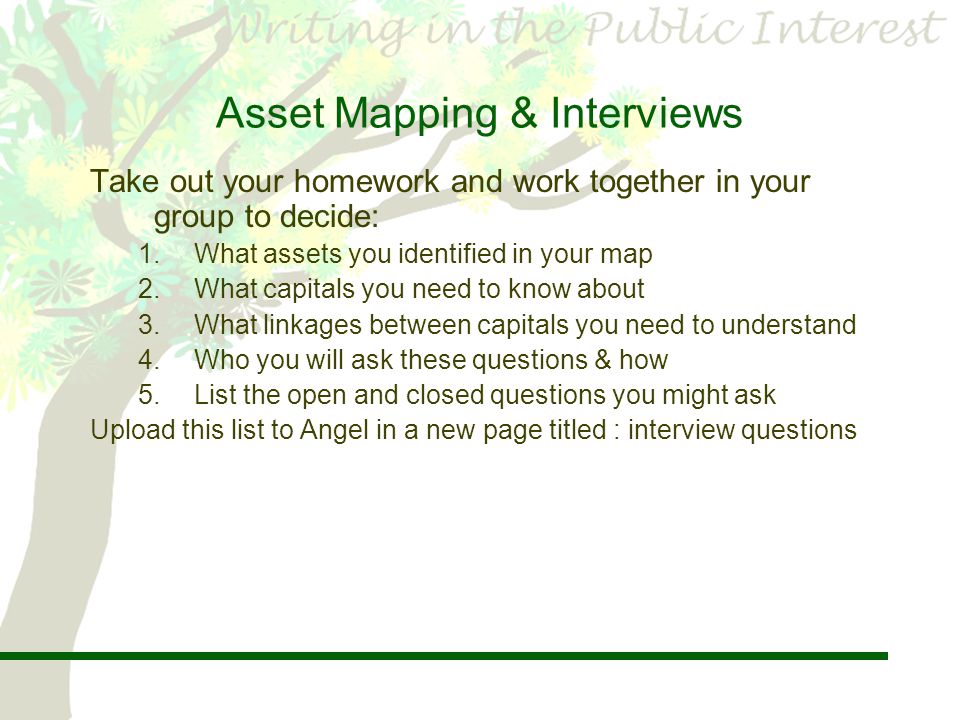 Asset Mapping & Interviews Take out your homework and work together in your group to decide: 1.What assets you identified in your map 2.What capitals you need to know about 3.What linkages between capitals you need to understand 4.Who you will ask these questions & how 5.List the open and closed questions you might ask Upload this list to Angel in a new page titled : interview questions